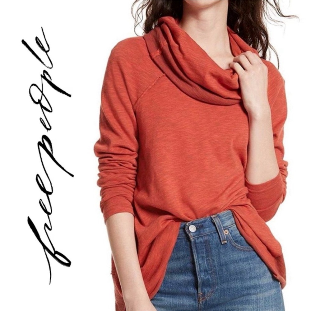 FREE PEOPLE FP Beach Orange Cowl Neck Pullover Top 100% Cotton Size S/M